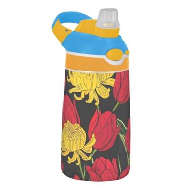 Imagem de Garrafa de água infantil Tritan de 473 ml com tampa de palha, garrafa de água esportiva reutilizável para escola, à prova de vazamento, copo infantil de 473 ml, alça de transporte, tulipas vermelhas