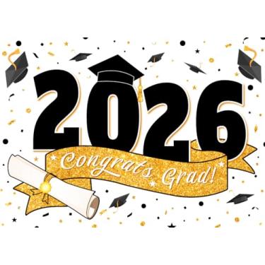 Imagem de Atlastrip 2026 Congrats Grad Formatura Decorações Cenários 2026 x 1,5 m Classe de 2026 Placa Dourada Decoração de Festa Banners 2026 Pós-Graduação Fotografia Fundo Foto Cabine Adereços
