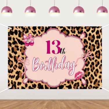 Imagem de Pano de fundo de aniversário de 13 anos com tema leopardo - faixa de fundo de cabine de fotos rosa cerejeira para meninas, artigos de festa de aniversário