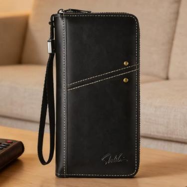 Imagem de Carteira masculina clássica preta compacta de couro liso e listrada, ultrafina, design compacto preto clássico com encaixe, padrão listrado, couro liso e perfil ultrafino