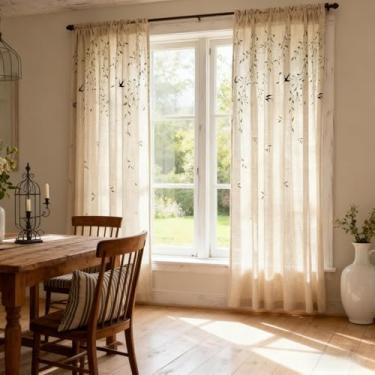 Imagem de Cortina rústica semitransparente de linho, cortinas de janela luxuosas, padrão de folhas de pássaros, filtragem de luz, tratamento de janela de casa de fazenda para quarto, sala de estar, bolso para