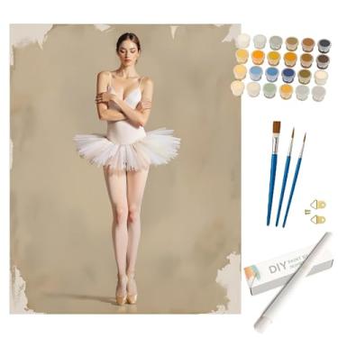 Imagem de Kit de pintura de retrato de balé por números para adultos - DIY elegante bailarina em pintura tutu branca enrolada em tela 40,6 x 50,8 cm, conjunto de tinta acrílica para iniciantes, arte para