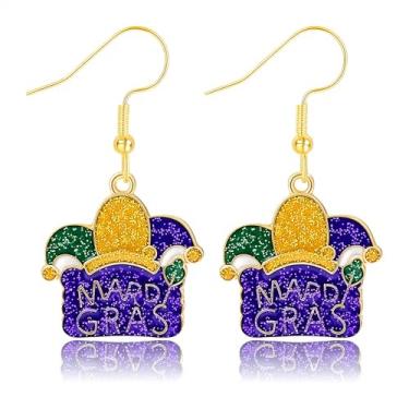 Imagem de Brincos femininos de carnaval com glitter, máscara esmaltada, chapéu de palhaço, brincos roxos pendurados delicados e fofos brincos de carnaval, joias de carnaval para mulheres, Medium, Metal, Sem