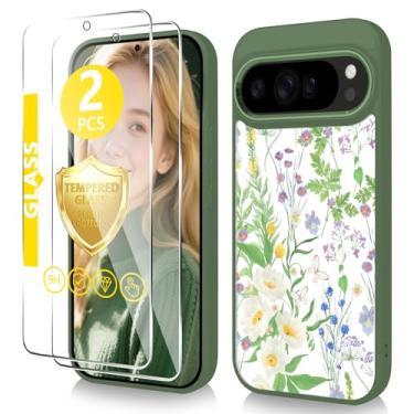 Imagem de Govmeie Capa para Google Pixel 9 Pro XL com protetor de tela de vidro temperado fino TPU e capa de telefone de policarbonato rígido, design de padrão floral cristalino para meninas e mulheres - Vine