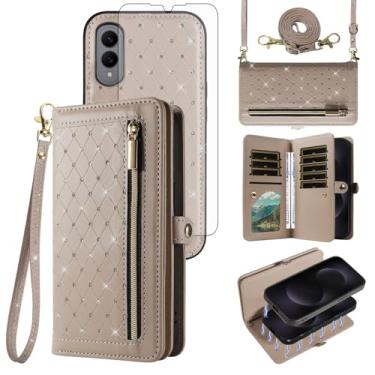 Imagem de Capa de telefone para Samsung Galaxy S25 Edge 5G Carteira com zíper destacável com protetor de tela transversal alça de cordão Bling compartimentos para cartão de crédito S25Edge 25S S 25 25Edge 2025