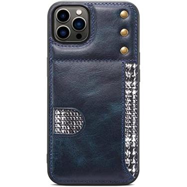 Imagem de CYSUE Porta-cartão de capa de telefone traseira retrô, para Apple iPhone 14 Plus 6,7 polegadas 2022 capa de proteção à prova de choque de couro de vaca de cera de óleo (cor: azul)