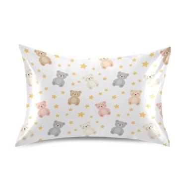 Imagem de Wassud Bears Stars Fronha de cetim para cabelo e pele fronhas de seda lisa tamanho padrão capas de travesseiro respiráveis com fecho de envelope