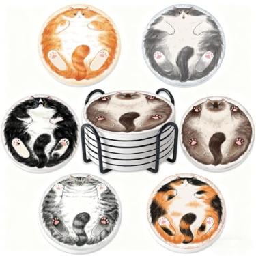 Imagem de STARUBY Porta-copos de cerâmica absorvente porta-copos com cortiça traseira panqueca gatos conjunto de 6 porta-copos redondos antiderrapantes para mesa de café copo de vinho bar casa 10 cm, bonito