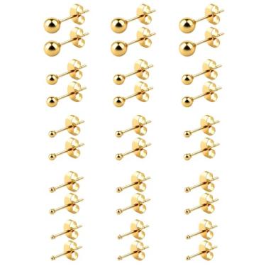 Imagem de Conjunto de 15 pares de brincos de bola de aço cirúrgico, tamanhos de 2 a 6 mm, brincos de bola de ouro, brincos de bola de aço inoxidável 316L para mulheres e homens
