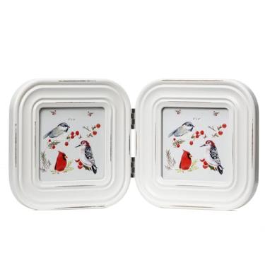 Imagem de ibalux Porta-retrato articulado duplo 10 x 10 cm com acabamento envelhecido e cantos arredondados, madeira maciça com vidro verdadeiro, mesa ou tela de mesa, branca