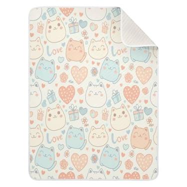 Imagem de Wassud Cobertor de bebê com corações de gatos brincalhões para meninos e meninas, cobertor macio de algodão essencial para recém-nascidos, cobertor aconchegante para berçário, viagem, berço, carrinho