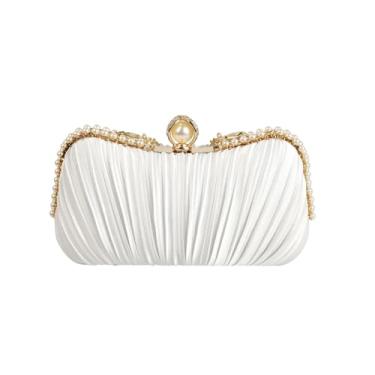 Imagem de Zeflows Bolsa feminina de cetim com pérola franzida elegante bolsa de noite destacável corrente dupla festa de casamento bolsa de formatura, Branco