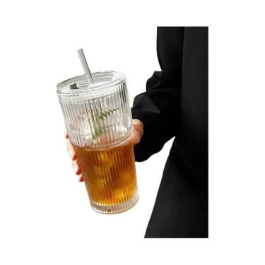 Imagem de Copo De Café De Vidro Transparente De 600ML Com Tampa E Canudo Para Su