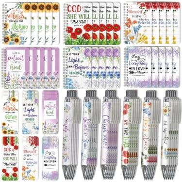 Imagem de OSIMIG 90 peças de presentes cristãos em massa para mulheres, incluem 30 mini blocos de notas de versículo da Bíblia, 30 canetas esferográficas das escrituras e 30 marcadores, diário de oração cristã