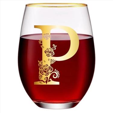 Imagem de Taça de vinho com monograma floral sem haste exclusiva gravada com inicial para tinto ou branco 425 g copo de vinho letra P - presentes para mulheres, homens, presentes de aniversário, Natal,