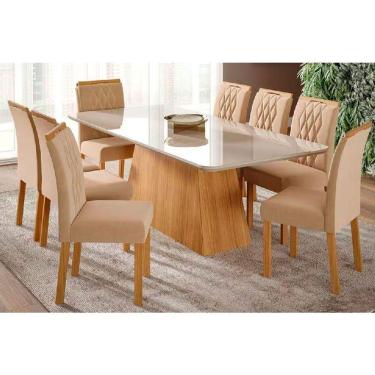 Imagem de Sala De Jantar Completa Helena Com Tampo Madeirado Com Vidro 210x100cm E 8 Cadeiras Juliana Madeirado- Linho Bege - Cimol
