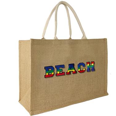 Imagem de Hibala Bolsa de praia grande de tecido de palha feita à mão com borla de ombro, Bege, Large