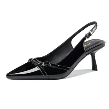 Imagem de FRJR Salto gatinho feminino fechado bico fino, couro envernizado, salto baixo, com fivela ajustável para encontros, festas, trabalho, escritório, sapatos confortáveis e sensuais, A - Preto, 40