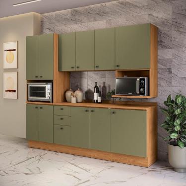 Imagem de Armário de Cozinha Compacta Nicho Micro-ondas 250cm Canela/Verde Frevo Pixel Kappesberg