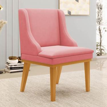 Imagem de Cadeira Estofada Para Sala De Jantar Base Fixa De Madeira Castanho Lia Suede Rosê - Ibiza