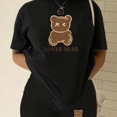 Imagem de Kit Camiseta Shortinho Feminino Ursinho Verão Estilo Casual Conjunto B