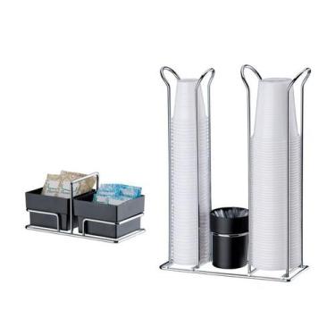 Imagem de Kit Café 2 Peças Suporte Copos Duplo Mexedor Porta Sachês Cromado - Fu