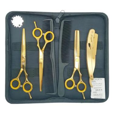Imagem de Kit 3 Tesouras Profissionais 1 Navalha 2 Pente Estojo Obopekal, Dourad