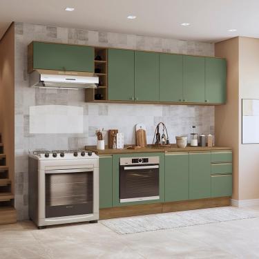 Imagem de Armário De Cozinha Completa 3 Gavetas 100% Mdf 300cm Nogueira/verde Celeste Kappesberg