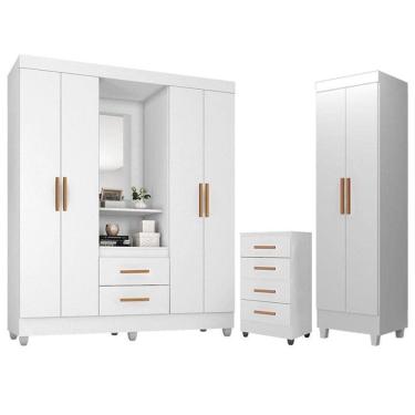 Imagem de Guarda Roupa Casal Capela Com Cômoda 4 Gavetas E Armário Multiuso Lite Branco Brilho - Móveis Leão