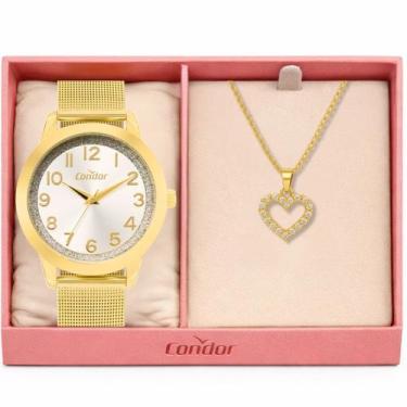 Imagem de Kit Relógio Condor Feminino Dourado + Colar Semijoias Mesh