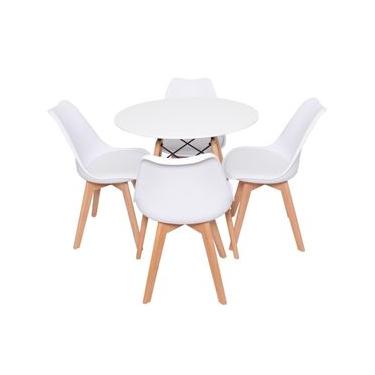 Imagem de Conjunto 4 Cadeiras De Jantar Cozinha Saarinen Leda Wood Com Mesa Redonda De Jantar 70cm Branca