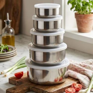 Imagem de Conjunto Jogo 5 Potes Bowl Tigelas Redondos Inox Com Tampa Hermética C
