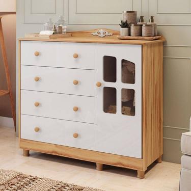 Imagem de Cômoda Infantil Elô 1 Porta 4 Gavetas 100% Mdf Branco Brilho/Amêndoa - Móveis Peroba