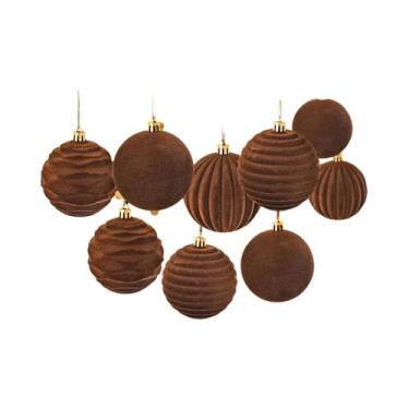 Imagem de Bola De Natal Marrom Flocada 8cm, Ornamento De Feriado, Conjunto De Ca