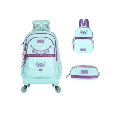 Imagem de Kit Mochila Rodinhas Lancheira Estojo Escolar Stitch Disney, Turquesa