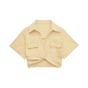 Imagem de Camisa Cropped De Linho Com Nó Frontal E Bolsos Em Patch Para Mulheres