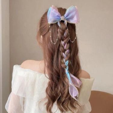 Imagem de Laço Grande Cabelo Infantil Presilha Lacinho Com Tule Strass Cor:Rosa 
