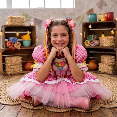 Imagem de Vestido Junino Infantil Xadrez Rosa Com 2 Chapéu Caipira de Luxo pra M