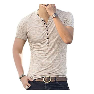 Imagem de UNeedVog Camiseta masculina slim fit manga curta Henley camiseta streetwear botão colarinho básico camisetas, Caqui, Large