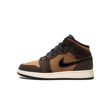 Imagem de Nike Air Jordan 1 Mid Paint Drip Grade School GS Jovens Mulheres, Chocolate escuro/felicidade carmesim, 6 Big Kid