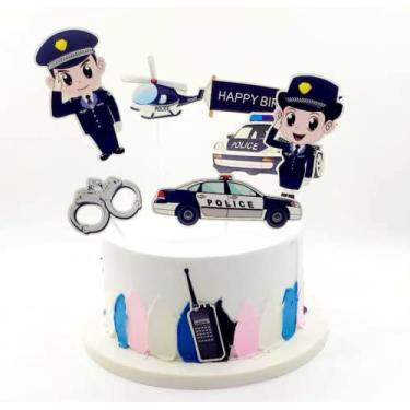 Imagem de YOVECATHOU 7 peças de decoração de bolo de carro de policial decoração de bolo feliz aniversário policial decorações de festa de aniversário para crianças meninos meninas