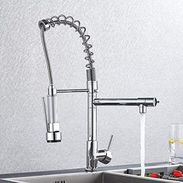 Imagem de Torneira de cozinha de latão Torneira para pia de vaso com mola Bicas giratórias duplas Torneiras misturadoras de água quente e fria Torneiras de banheiro,L