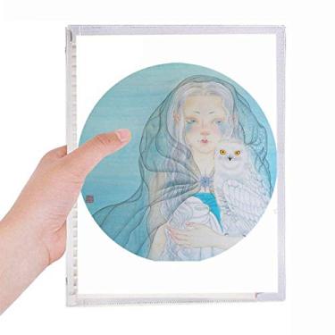 Imagem de Caderno de aquarela azul branco coruja menina estilo chinês folhas soltas diário recarregável papelaria
