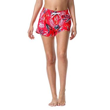 Imagem de Nonwe short feminino de secagem rápida com estampa de folhas de verão, praia, traje de banho, forro de malha, rosa, vermelho, G
