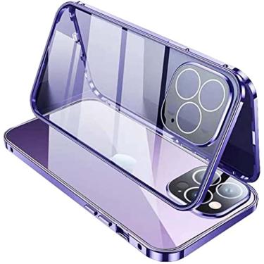 Imagem de NDJQY Capa para Apple iPhone 14 Pro Max 6,7 polegadas 2022, vidro temperado de dupla face magnética HD [estrutura de para-choque de metal] capa de telefone (cor: roxo)