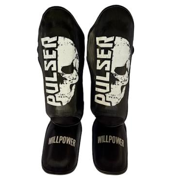 Imagem de Par Caneleira PU Muay Thai Mma Kickboxing Pulser Thunder (Preto Caveira, G)