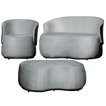 Imagem de Kit 1 Poltrona 1 Namoradeira e 1 Puff Grande Orgânico Beatriz Veludo Composê Corino Preto - Estopar