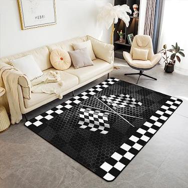 Imagem de Tapete de área com estampa de bandeira xadrez preto e branco, 90 x 12 cm, tapete decorativo de carro de corrida esportes radicais sem queda para crianças adolescentes adultos, tapete decorativo de favo de mel quadrado geométrico para sala de jogos quarto sala de jantar