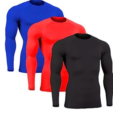 Imagem de Kit 3 Camisetas Masculinas Segunda Pele Térmica Proteção Solar Uv 50+ Manga Longa Dry Fit (M, Azul Royal/Preto/Vermelho)