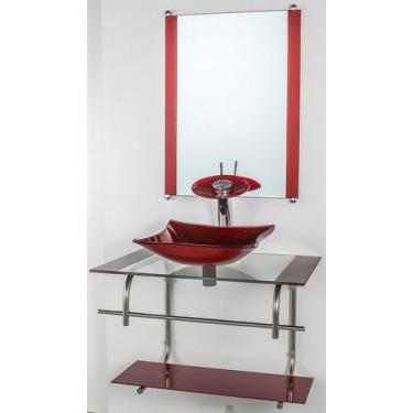Imagem de Gabinete De Vidro Para Banheiro Inox 60cm Cuba Retangular Vermelho Cer